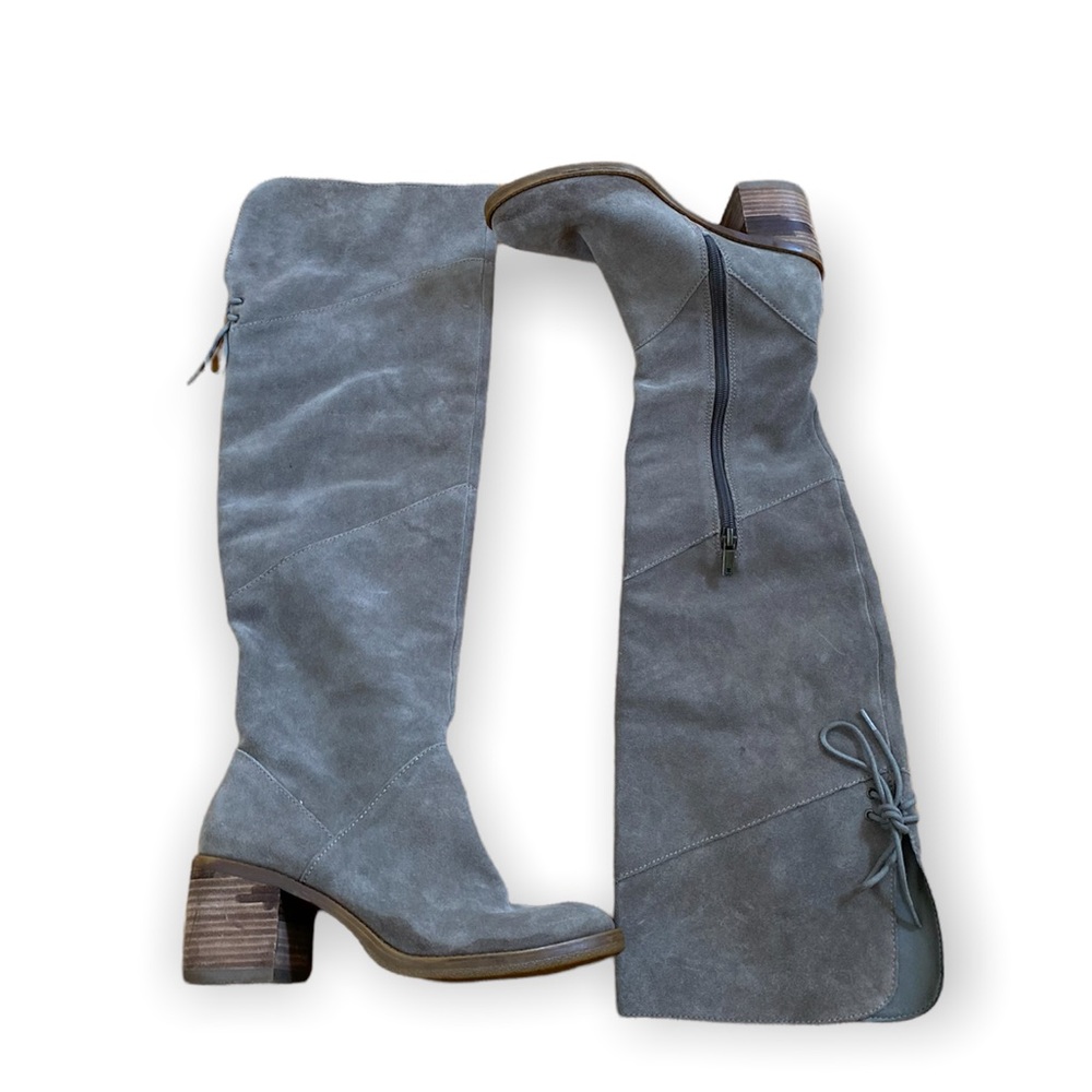 Gray Suede Knee-High Block Heel Boots